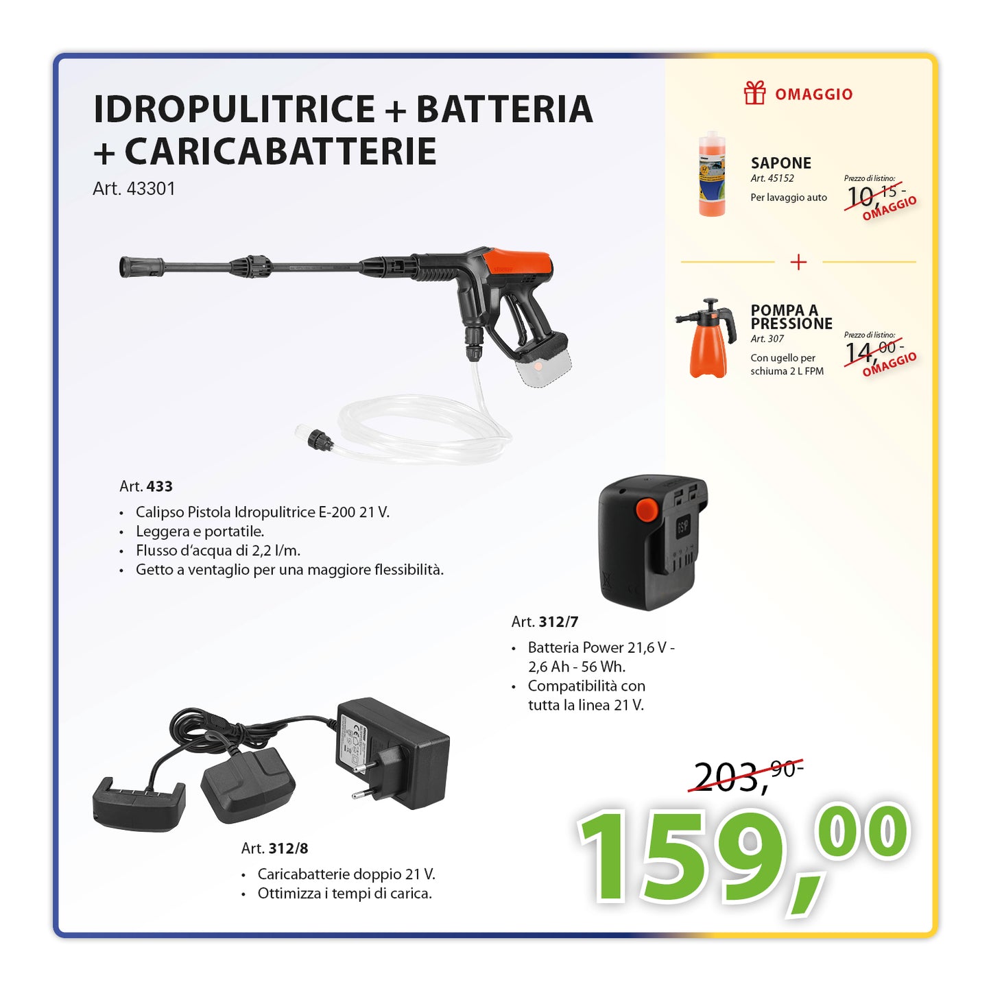 KIT Completo Idropulitrice + Batteria 21,6 V - 2,6 Ah + Caricabatterie 21 V