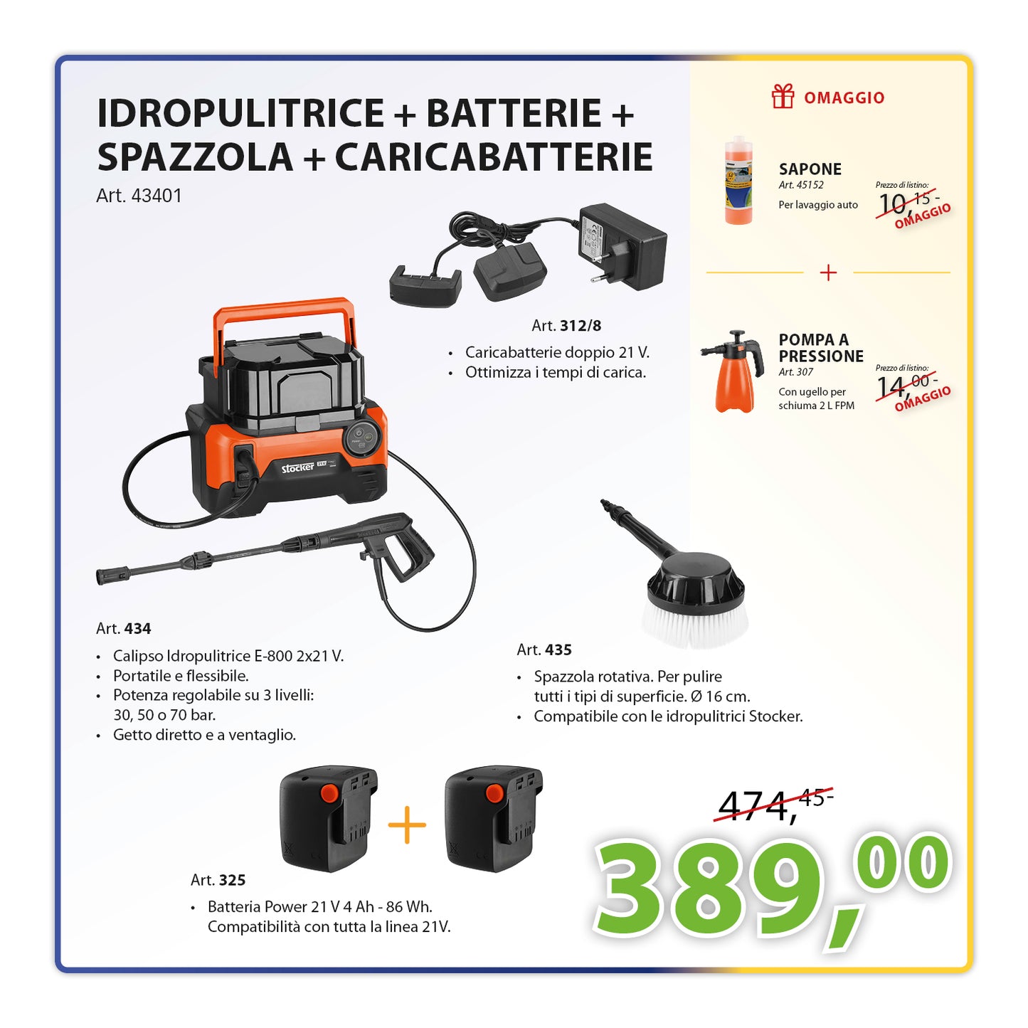 KIT Completo Idropulitrice + Batteria 21 V - 4 Ah + Caricabatterie 21 V + Spazzola