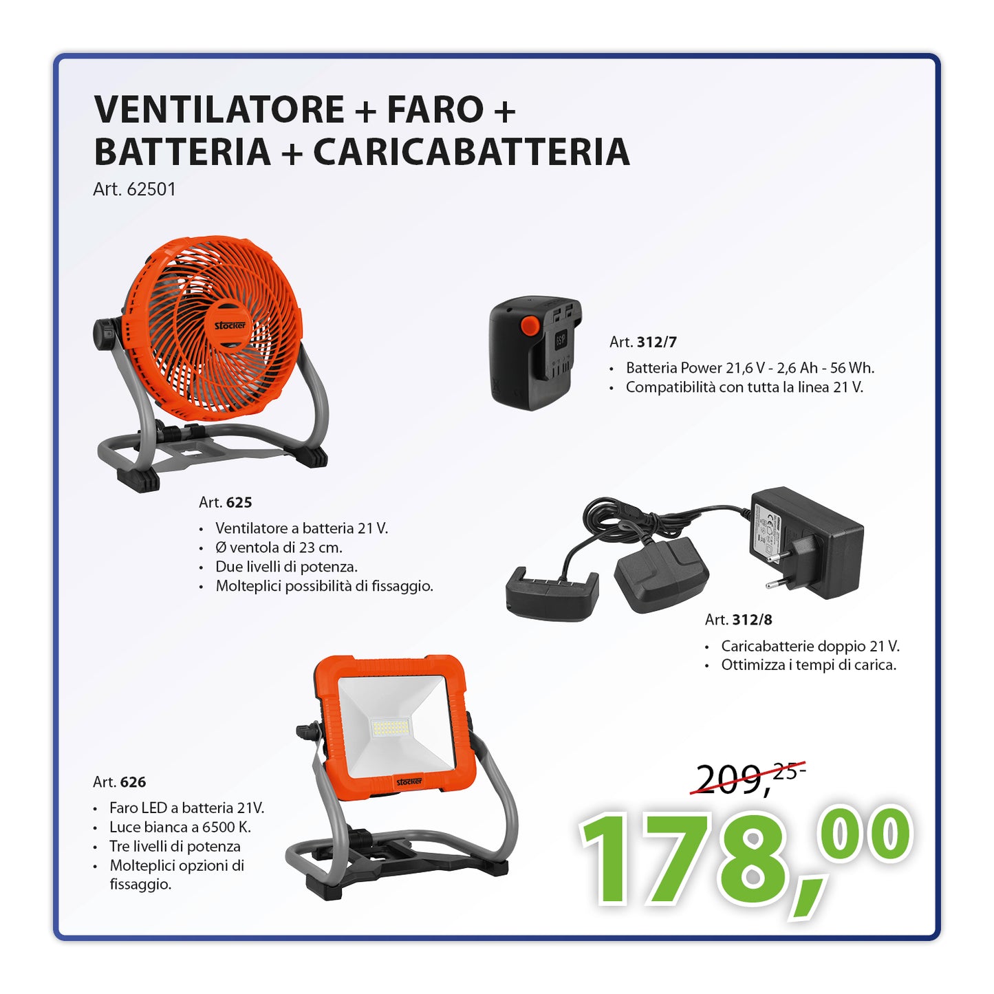 KIT Completo Ventilatore + Batteria 21,6 V - 2,6 Ah + Caricabatterie 21 V + Faro LED