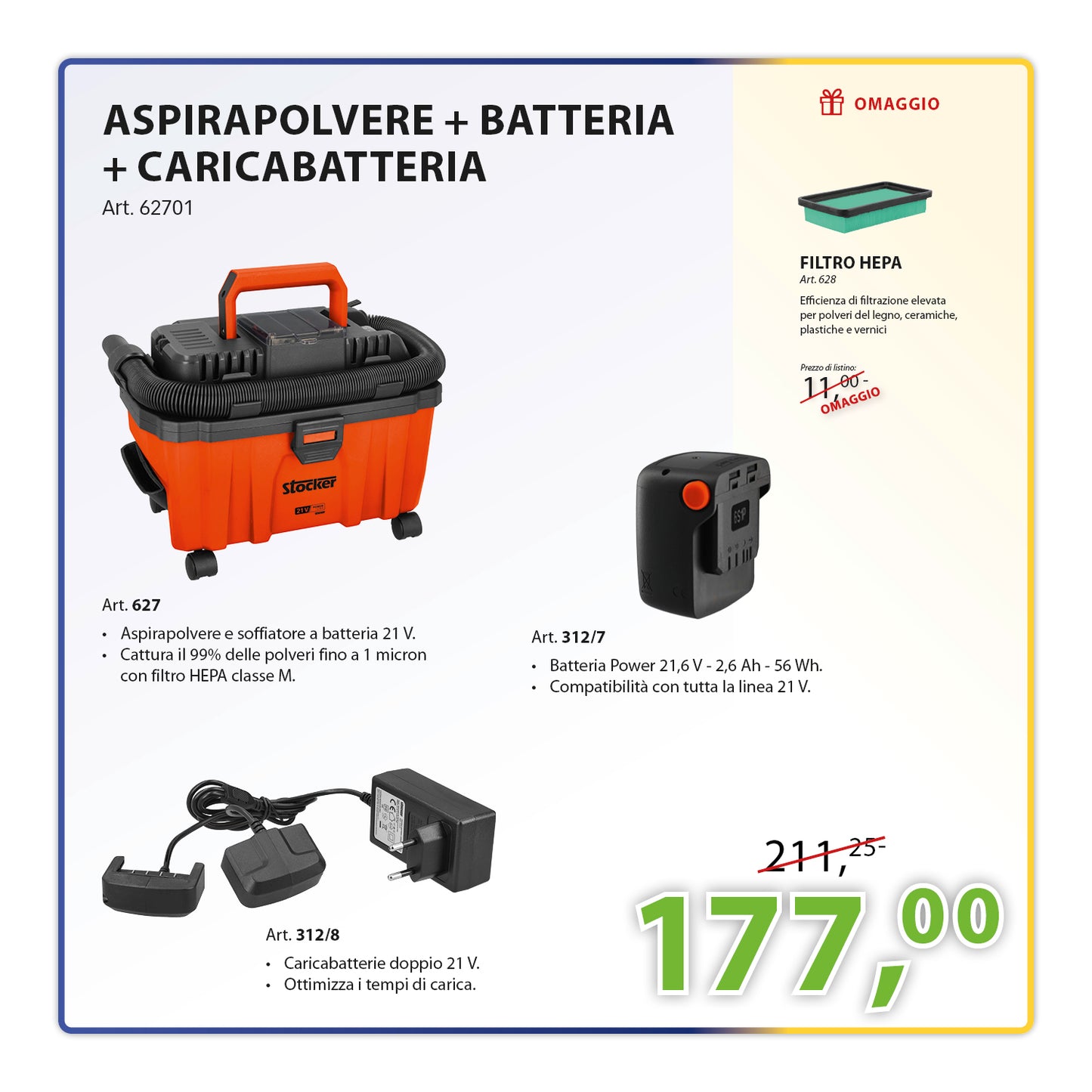 KIT Completo Aspirapolvere e soffiatore + Batteria 21,6 V - 2,6 Ah + Caricabatterie 21 V