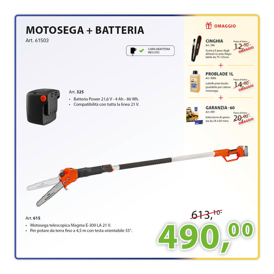 KIT Potatura da Terra Motosega telescopica Magma E-300 LA 21 V Stocker e Batteria Power 21 V 4 Ah