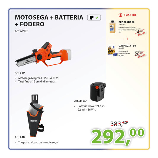KIT Motosega Magma E-150 LA 21 V + Fodero + Batteria 21 V 2,6Ah