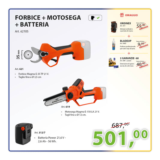 KIT Potatura Motosega E-150 LA 21 V + Forbice Magma E-35 TP 21 V + Batteria 21 V 2,6Ah