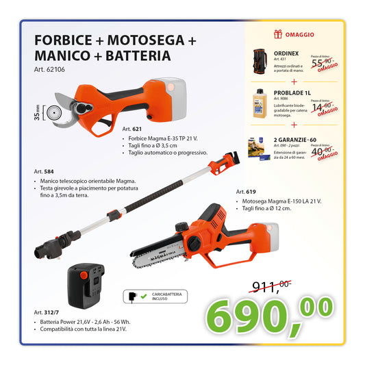 KIT Potatura Completo Motosega E-150 LA 21 V + Forbice Magma E-35 TP 21 V + Manico Telescopico + Batteria 21 V 2,6Ah