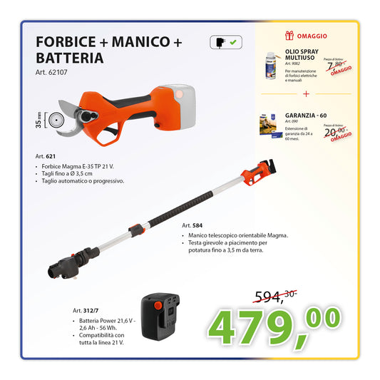 KIT Potatura Forbice Magma E-35 TP 21 V + Manico Telescopico + Batteria 21 V 2,6Ah