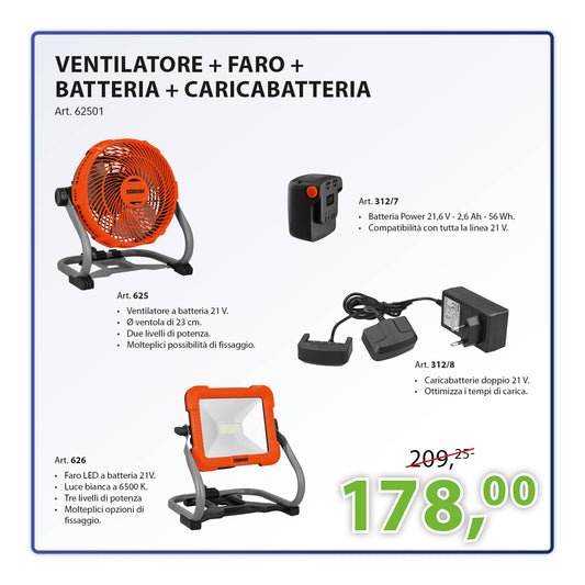 KIT Completo Ventilatore + Batteria 21,6 V - 2,6 Ah + Caricabatterie 21 V + Faro LED