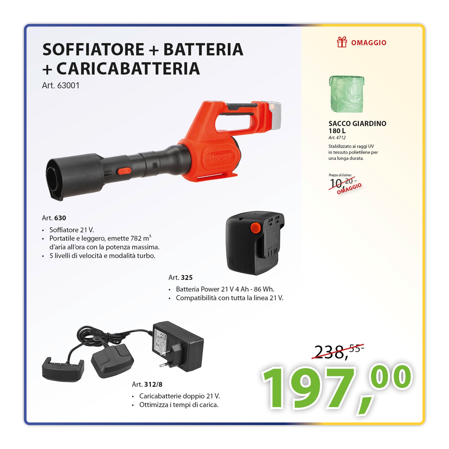 KIT Completo Soffiatore 21 V + Batteria 21 V - 4 Ah + Caricabatterie 21 V