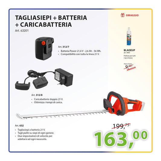 KIT Potatura Completo Tagliasiepi a batteria 21 V + Batteria 21,6 V - 2,6 Ah + Caricabatterie 21 V
