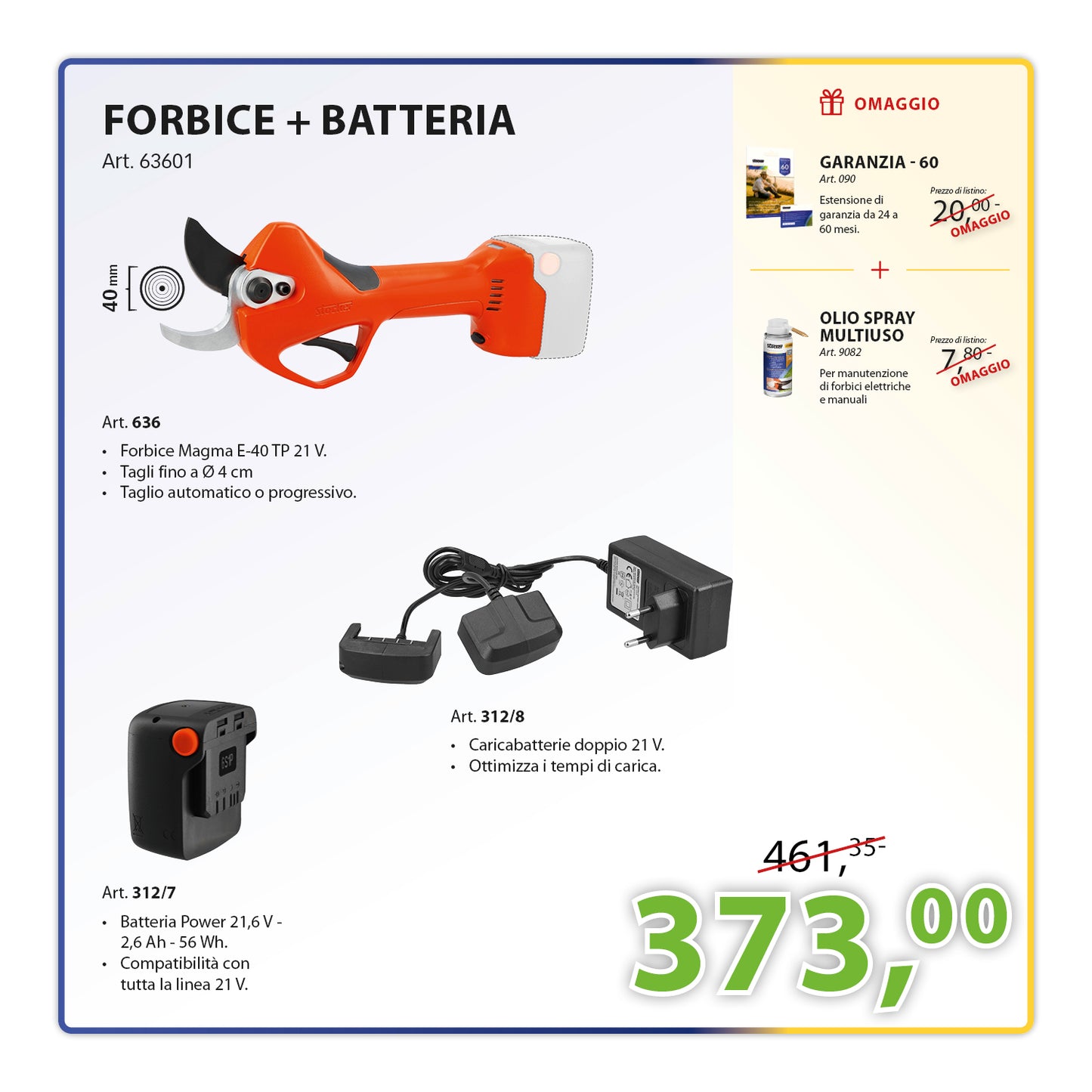 KIT Potatura Completo Forbice Magma E-40 TP 21 V + Batteria 21 V 2,6Ah + Caricabatterie doppio 21 V