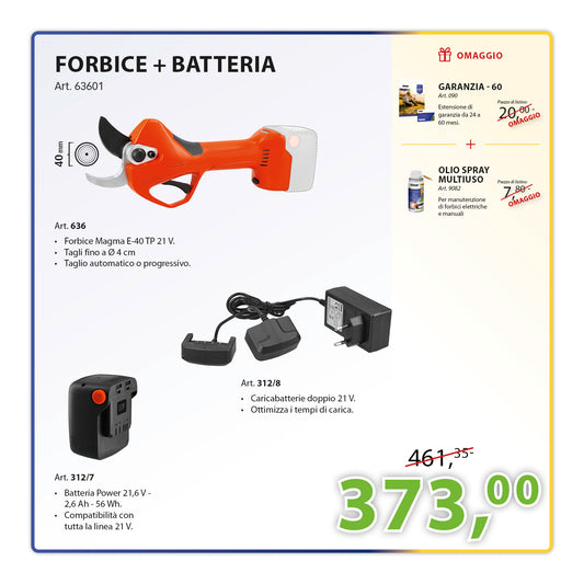 KIT Potatura Completo Forbice Magma E-40 TP 21 V + Batteria 21 V 2,6Ah + Caricabatterie doppio 21 V