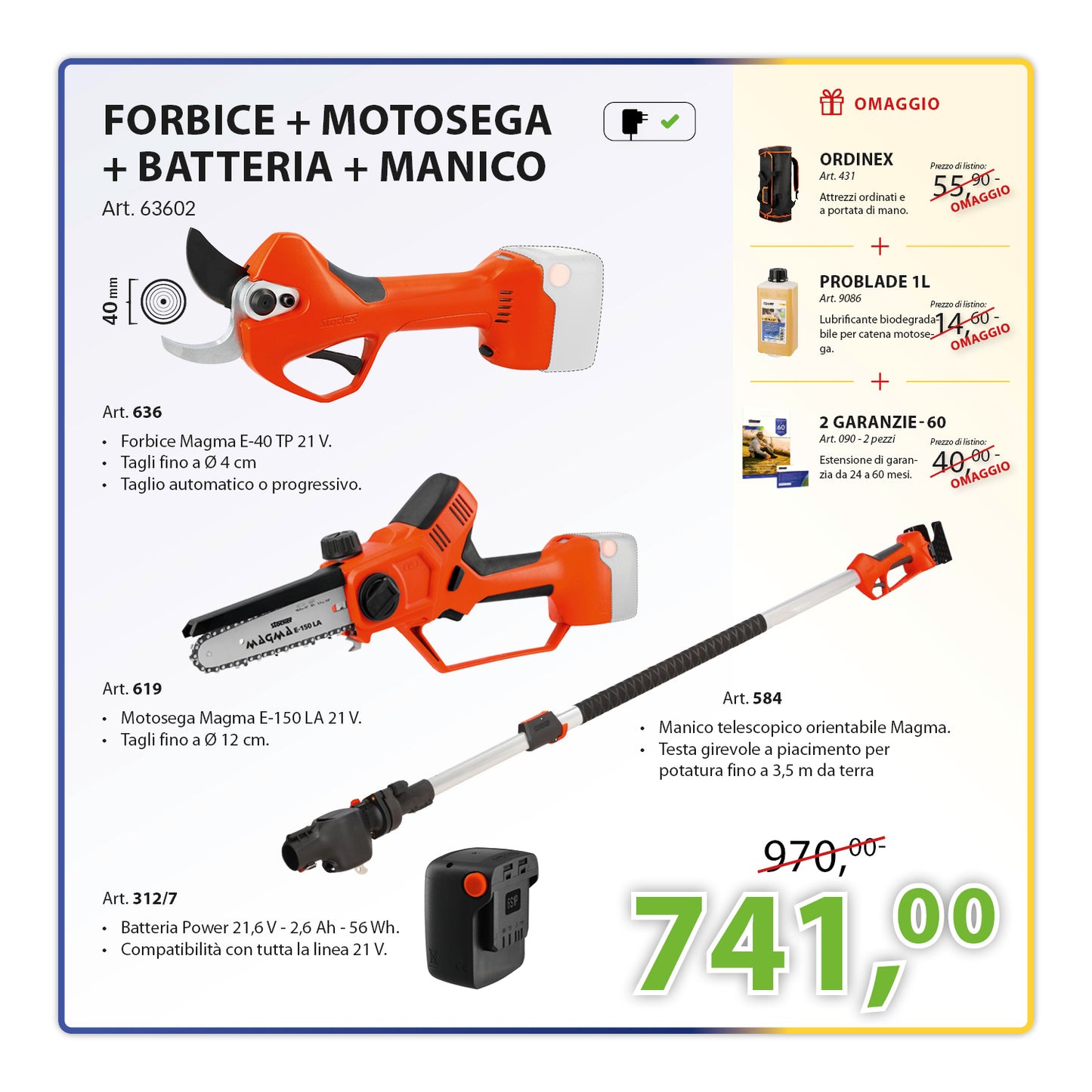 KIT Potatura Completo Motosega E-150 LA 21 V + Forbice Magma E-40 TP 21 V + Manico Telescopico + Batteria 21 V 2,6Ah