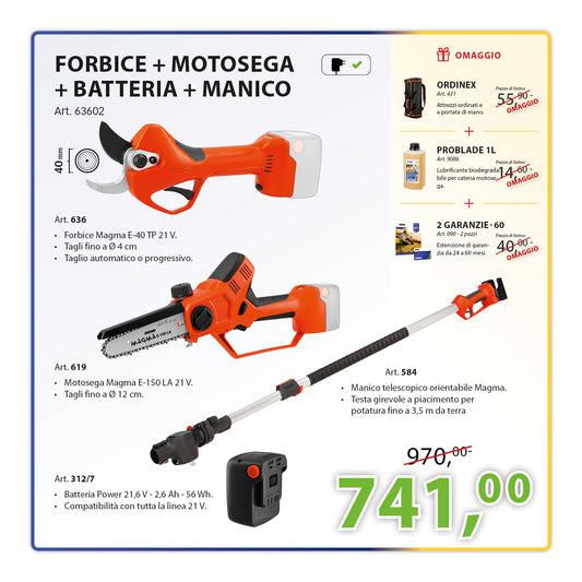 KIT Potatura Completo Motosega E-150 LA 21 V + Forbice Magma E-40 TP 21 V + Manico Telescopico + Batteria 21 V 2,6Ah