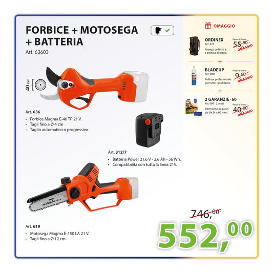 KIT Potatura Completo Motosega E-150 LA 21 V + Forbice Magma E-40 TP 21 V + Batteria 21 V 2,6Ah